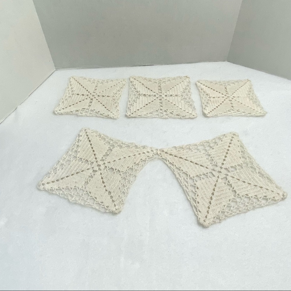 Vintage hand crochet doilies set of 4 off white in color two are attached Shabby